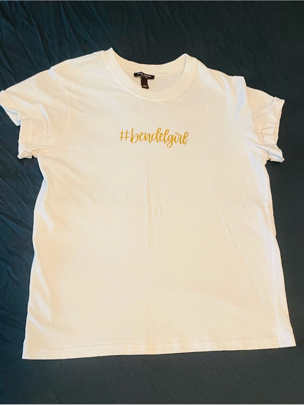 henri bendel White Tee with Gold "#bendelgirl" Script